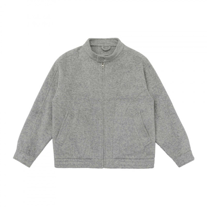 [Unisex] Boxy Wollmix-Zipjacke im Overshirt‑Stil mit kurzem Stehkragen Drune