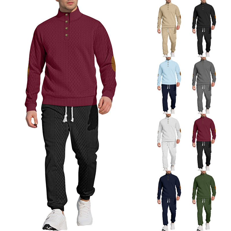 Herren nan strukturiertes Strick-Freizeitset mit Halbknopf-Stehkragen Wildleder-Ellbogenpatches und Kordelbund-Jogger Drune