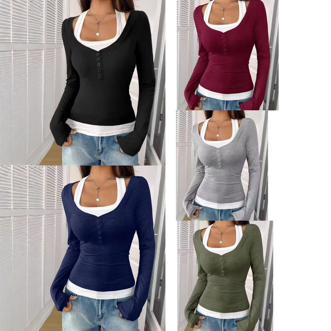 Damen Figurbetontes Langarmshirt mit U-Ausschnitt und Knopfleiste Drune