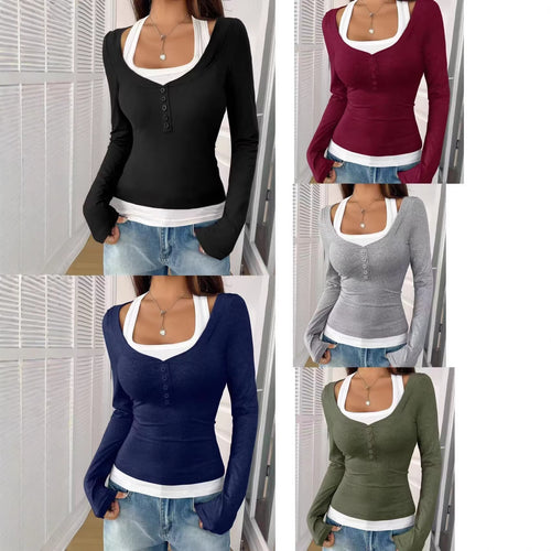 Damen Figurbetontes Langarmshirt mit U-Ausschnitt und Knopfleiste Drune