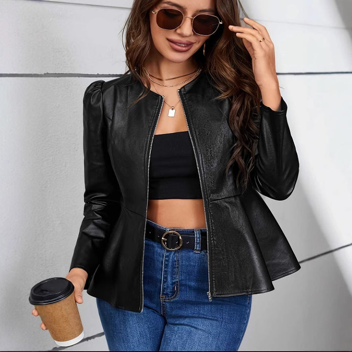 Damen Kunstlederjacke mit elliptischem Schnitt und Puffärmeln Drune