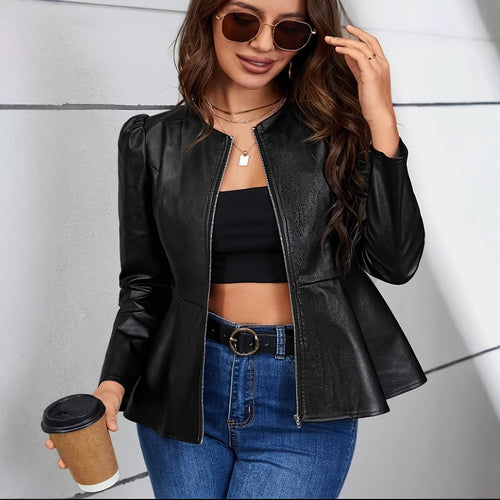 Damen Kunstlederjacke mit elliptischem Schnitt und Puffärmeln Drune