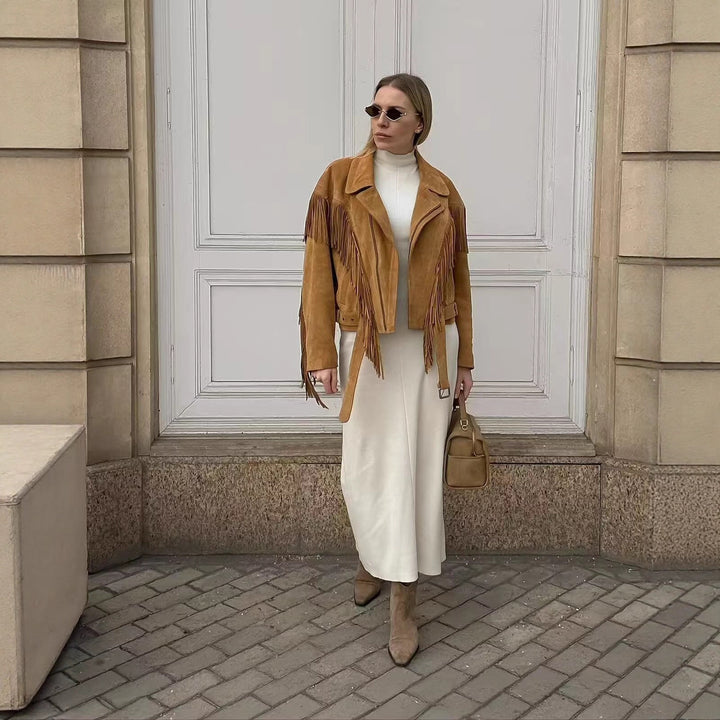 Damen Kurze Fransenjacke im Wildlederlook mit Taillengürtel Drune