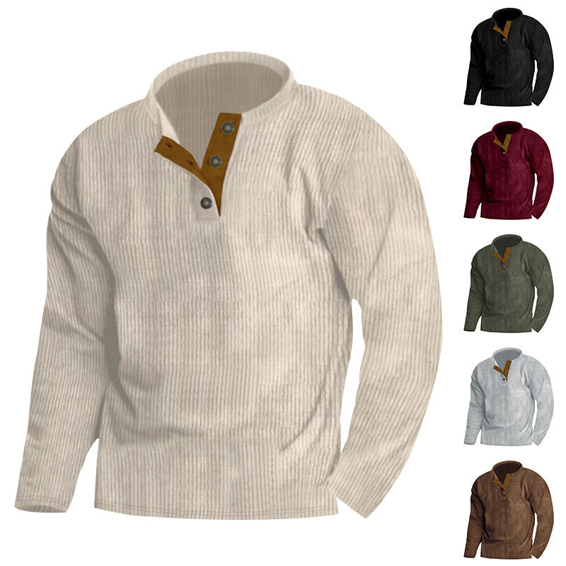 Herren nan gerippter Henley-Pullover mit kurzem Knopfkragen und kontrastierter Veloursbesatz Drune