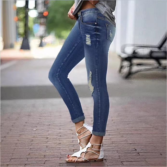 Damen Cropped Slim-Fit Denimhose mit mittelhohem Bund, Cuffed‑Saum und dezenter Used‑Optik Drune