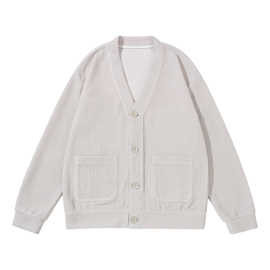 Unisex Strukturiertes Knopf-Cardigan mit V-Ausschnitt und aufgesetzten Taschen Drune