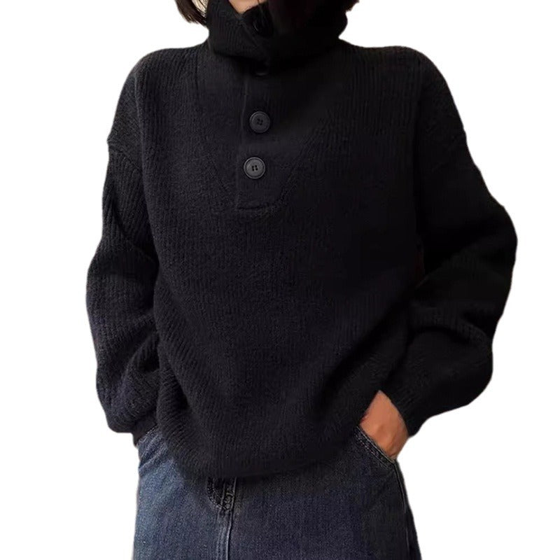 Damen Strickpullover mit knopfverziertem Kragen und feiner Rippstruktur Drune