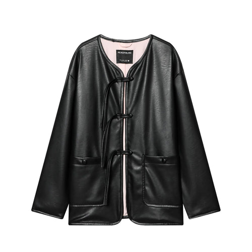 Damen nan Oversized Kunstlederjacke mit Knebelverschlüssen und aufgesetzten Pattentaschen Drune