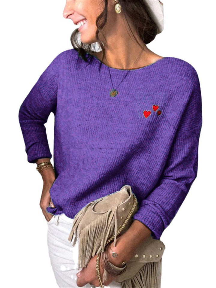 Damen Leichter Feinstrickpullover mit U-Boot-Ausschnitt, lockerem Sitz und Herzstickerei Drune