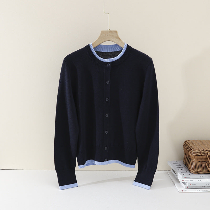 Damen Leichter Feinstrick-Cardigan mit Rundhals, Kontrastbündchen und durchgehender Knopfleiste Drune