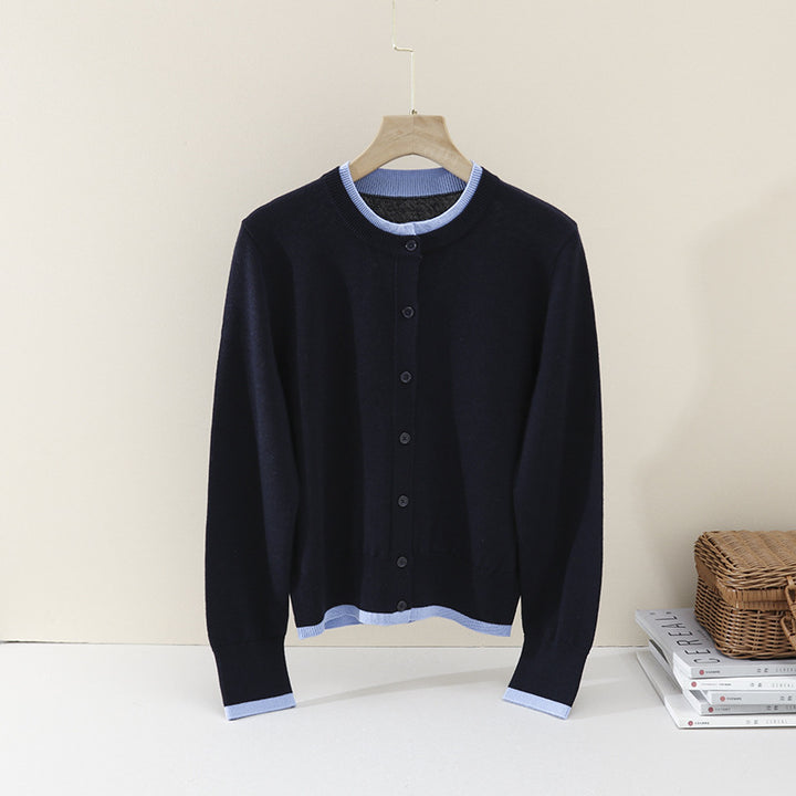 Damen Leichter Feinstrick-Cardigan mit Rundhals, Kontrastbündchen und durchgehender Knopfleiste Drune