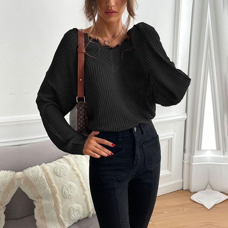 Damen Eleganter Strickpullover mit V-Ausschnitt und großem Muster Drune