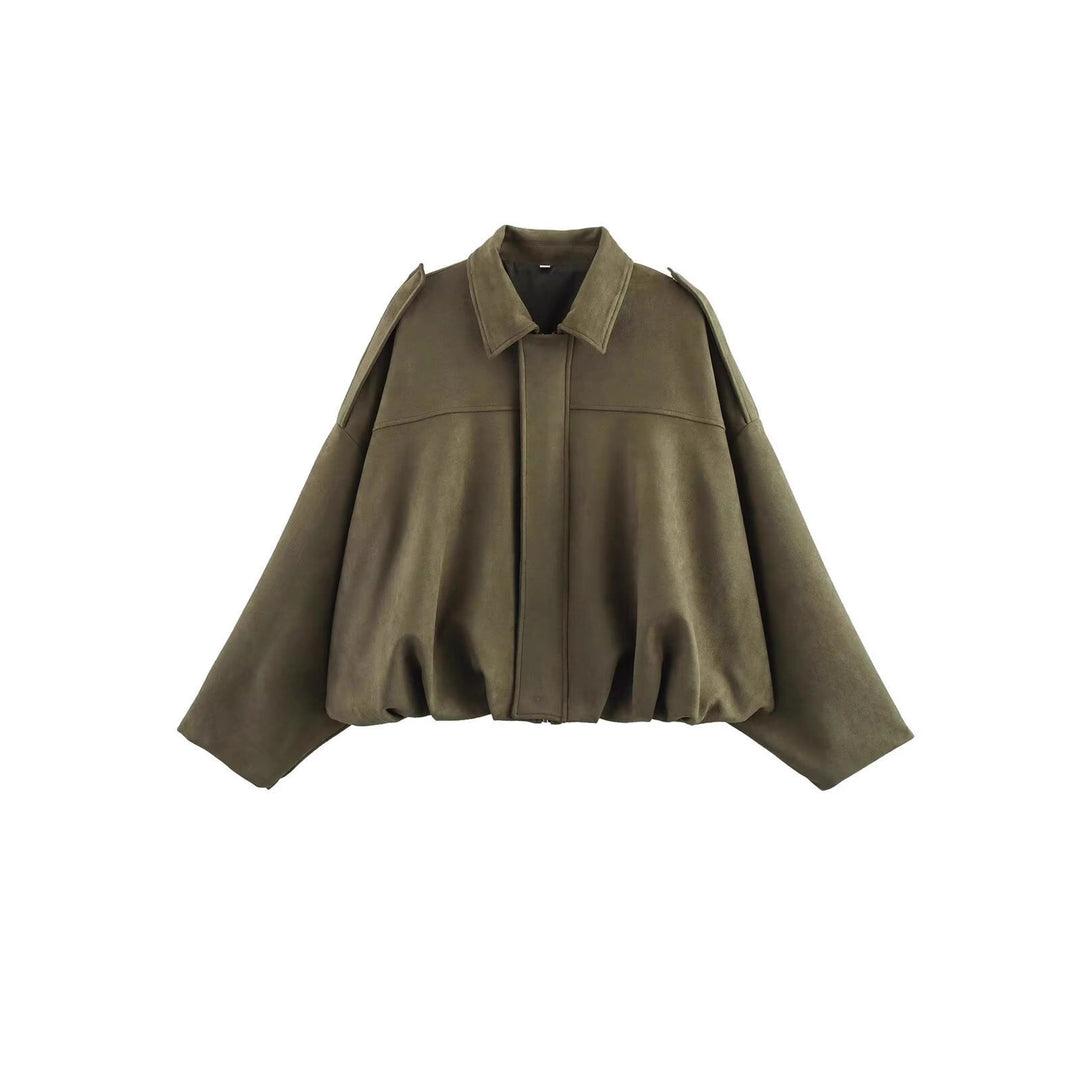 Damen Cropped Boxy Wildleder-Look Bomberjacke mit Epauletten-Schultern Drune
