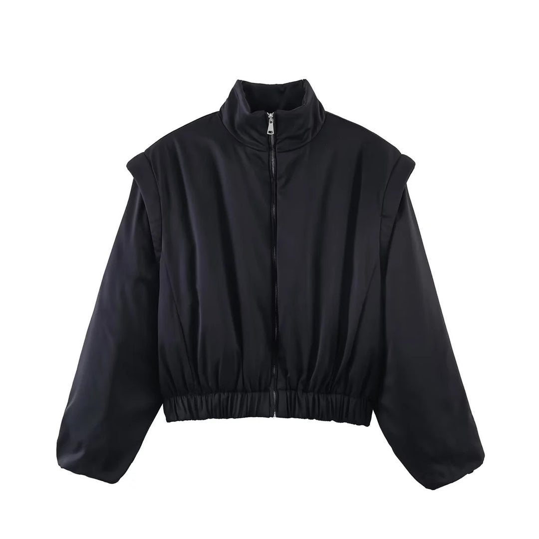Damen nan cropped wattierte Jacke mit Stehkragen, voluminösen Ballonärmeln und taillierendem Elastikbund Drune