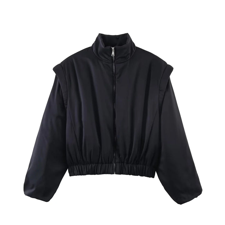 Damen nan cropped wattierte Jacke mit Stehkragen, voluminösen Ballonärmeln und taillierendem Elastikbund Drune