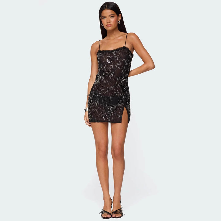 Damen glamouröses Mini-Kleid mit floralen Applikationen und seitlichem Schlitz Drune