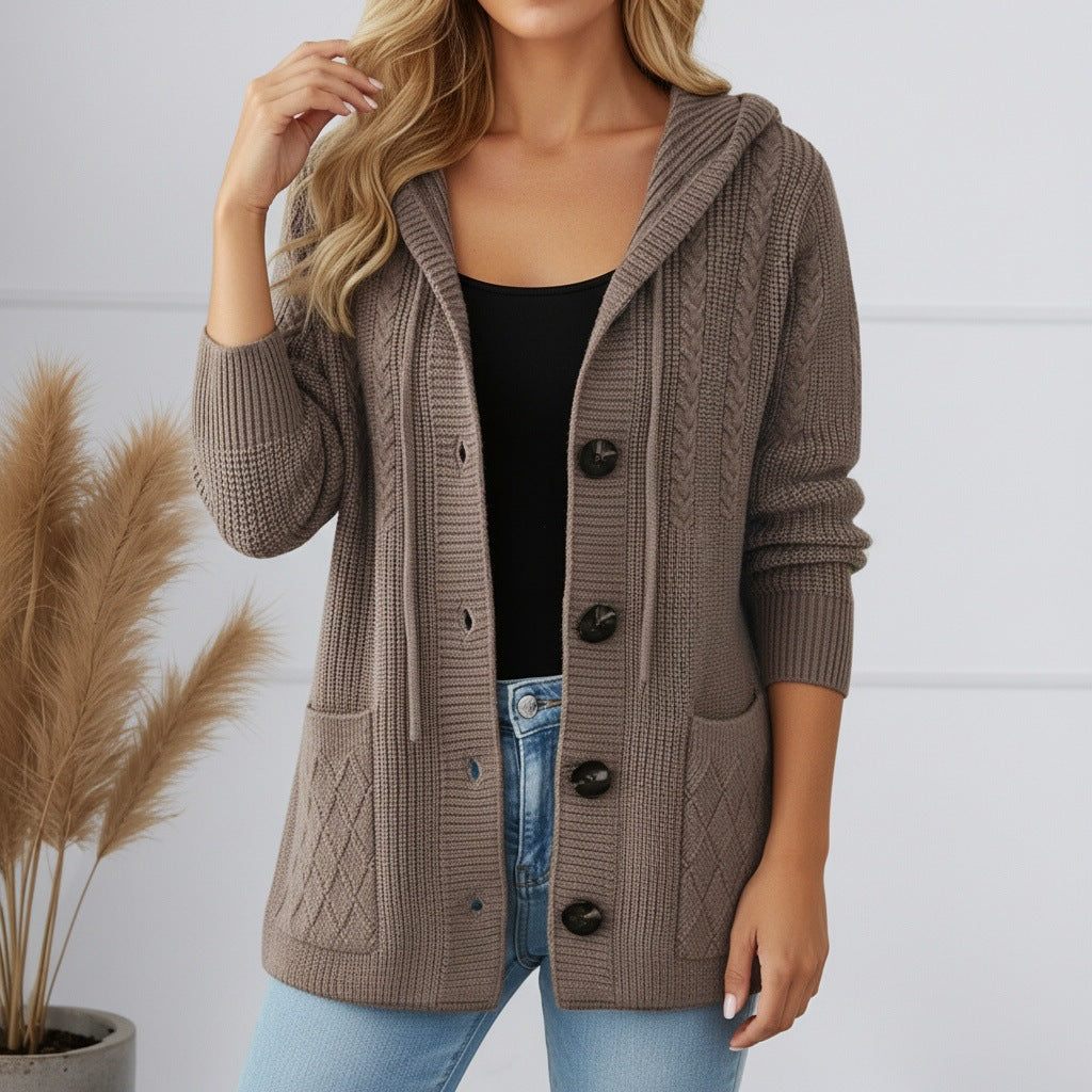 Damen nan gerippter Kapuzen-Strickcardigan mit Zopfmuster, großen Holzknöpfen und aufgesetzten Taschen Drune