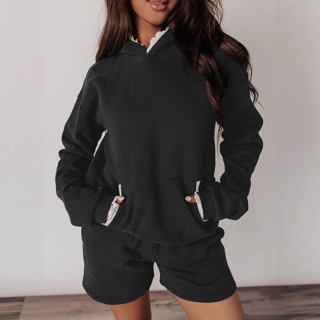 Damen Lässiges Hoodie-Set mit dekorativem Spitzensaum Drune