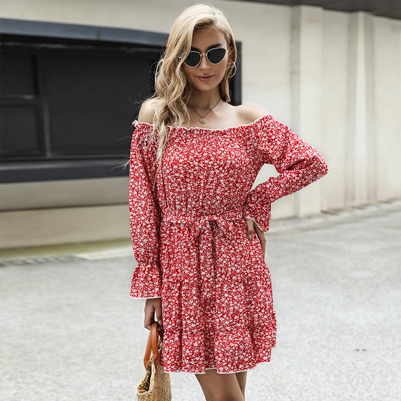 Damen Schulterfreies Blumen-Minikleid mit Taillenschnur und Stufenrock Drune
