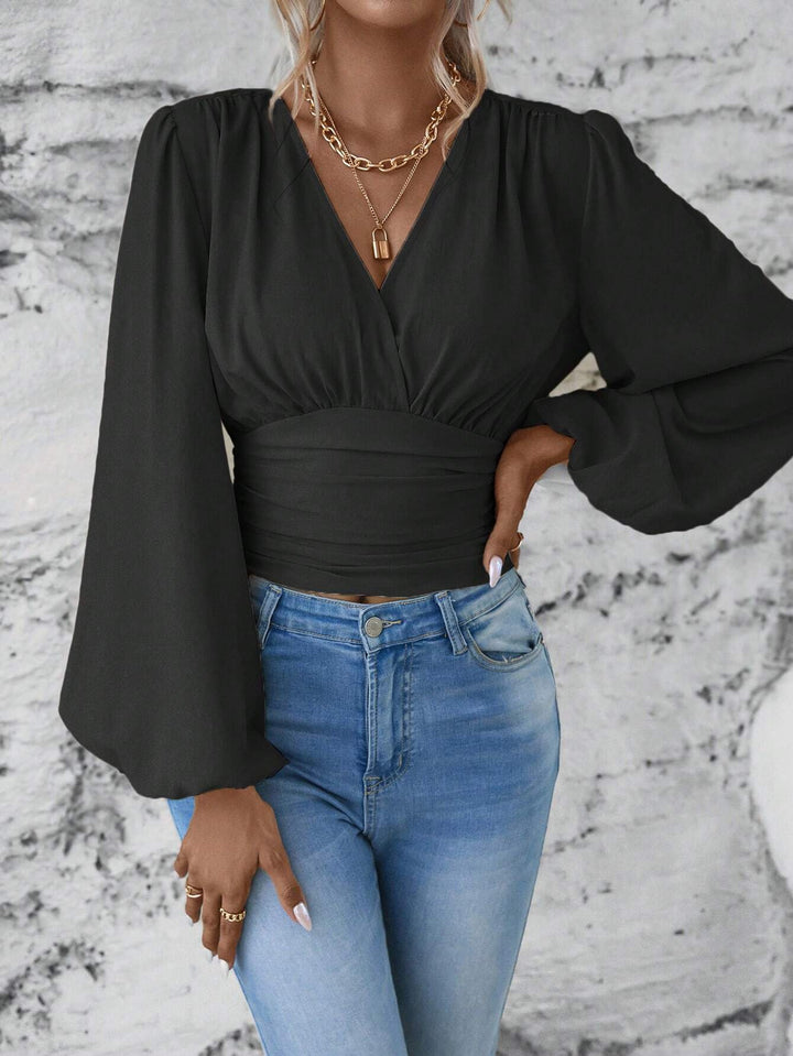 Damen Wickel-Cropped-Top mit geraffter Taillenpartie und weiten Ballonärmeln Drune