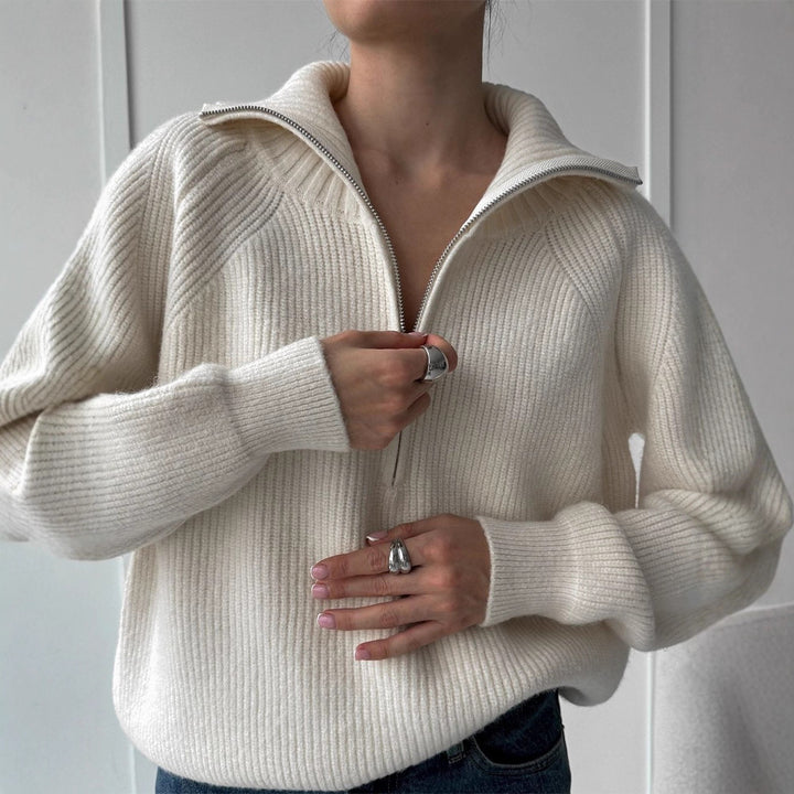 Damen Gerippter Wollmix-Pullover mit halbem Reißverschluss und weitem Stehkragen Drune