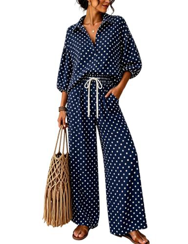 Damen Gepunktetes Zweiteiliges Lounge-Set mit Hemdblusen-Oberteil und Kordelzug-Weitbundhose Drune