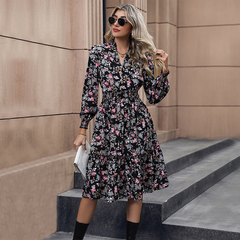 Damen Floral Midi-Kleid mit Taillierung und Puffärmeln Drune