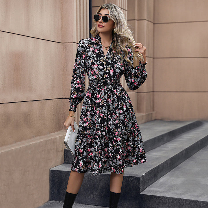 Damen Floral Midi-Kleid mit Taillierung und Puffärmeln Drune