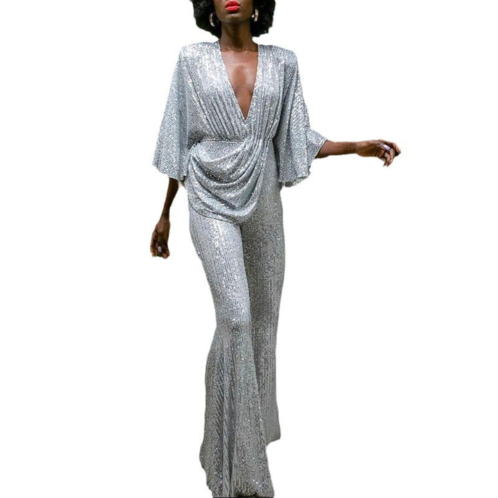 Damen Glitzerndes Jumpsuit mit weiterem Ärmel und tiefem V-Ausschnitt Drune