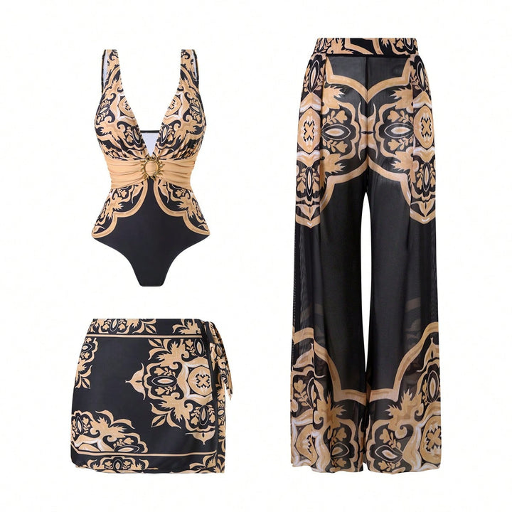 Damen Eleganter Badeanzug mit passendem Strandhosen-Set Drune