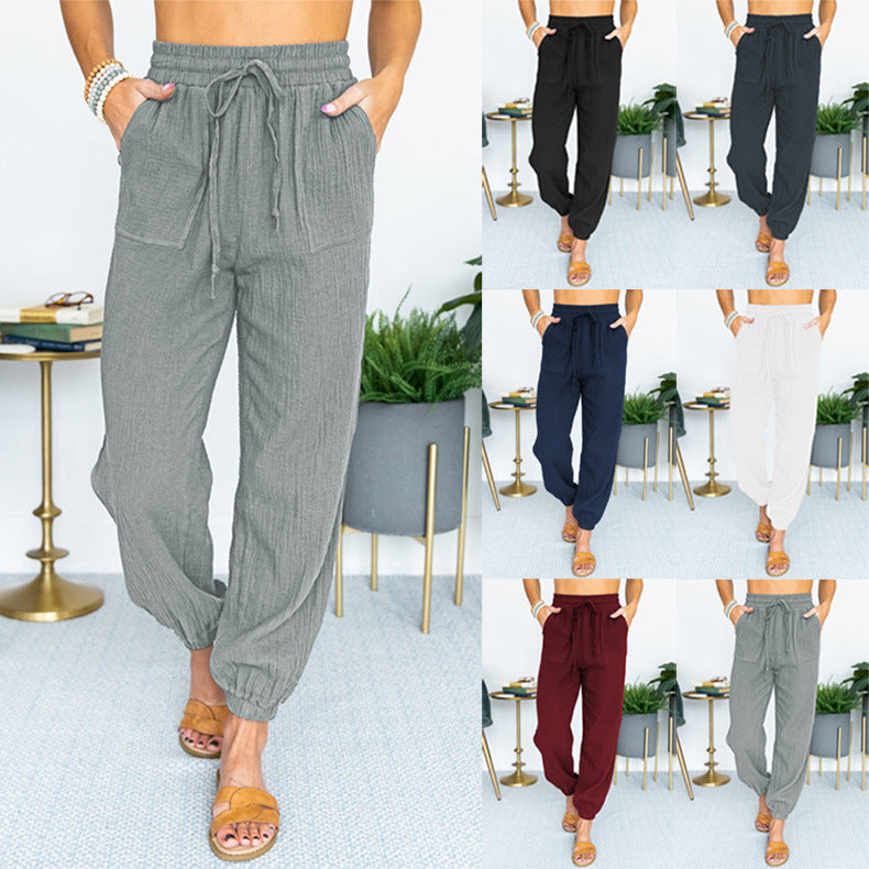 Damen nan leichte Leinenoptik Freizeit-Hose mit hohem elastischem Bund, Kordelzug, aufgesetzten Taschen und elastischen Knöchelbündchen Drune