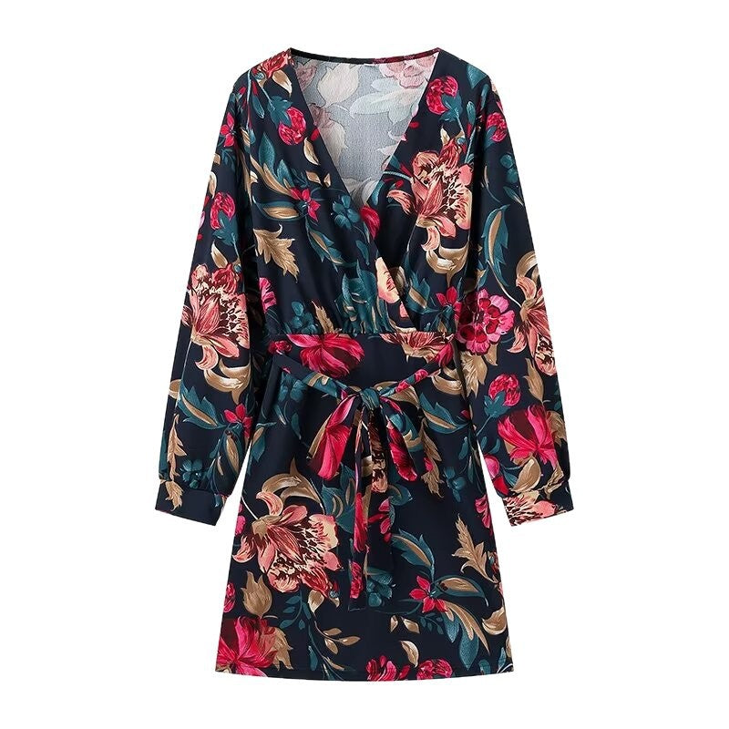 Damen Wickel‑Minikleid mit floralem Alloverprint, V‑Ausschnitt und Taillenband Drune