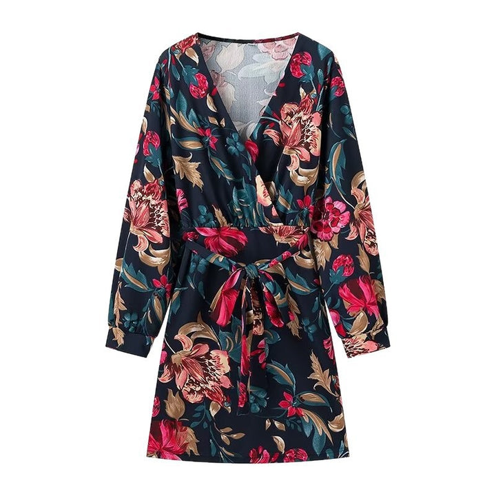 Damen Wickel‑Minikleid mit floralem Alloverprint, V‑Ausschnitt und Taillenband Drune