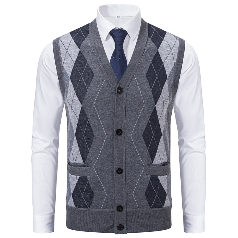 Herren Ärmellose Strickweste mit Rauten‑Muster, V‑Ausschnitt und Knopfleiste Drune