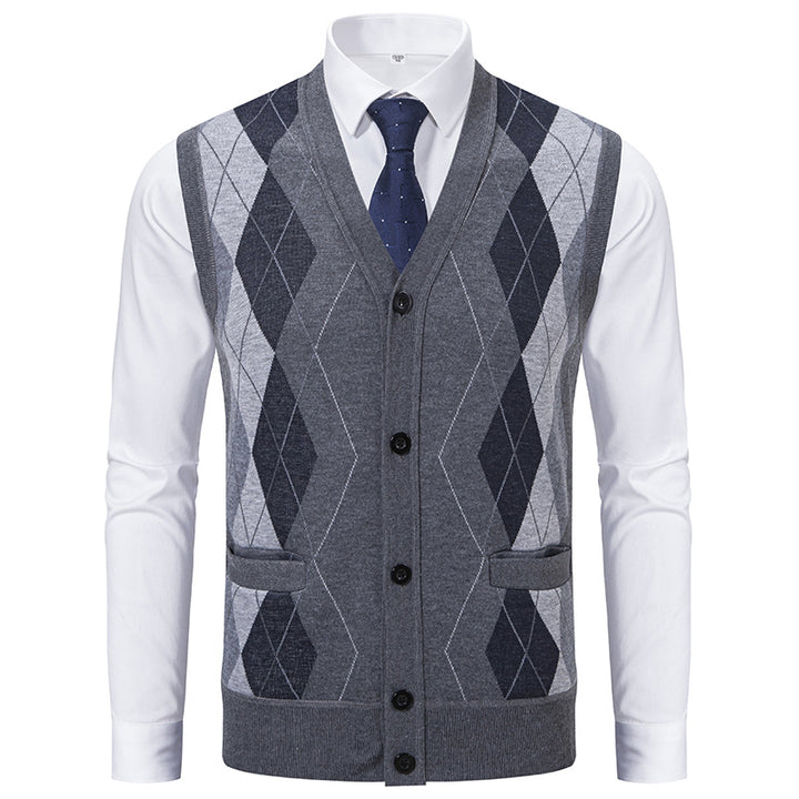 Herren Ärmellose Strickweste mit Rauten‑Muster, V‑Ausschnitt und Knopfleiste Drune