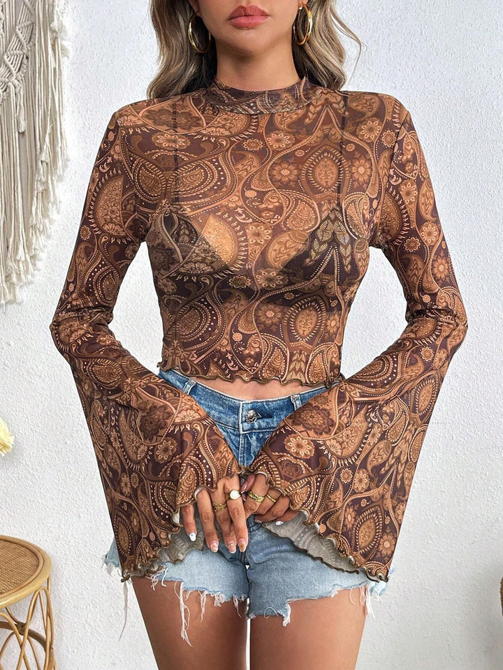 Damen nan transparentes Paisley-Netz-Kurzoberteil mit Stehkragen, Trompetenärmeln und gewelltem Saum Drune