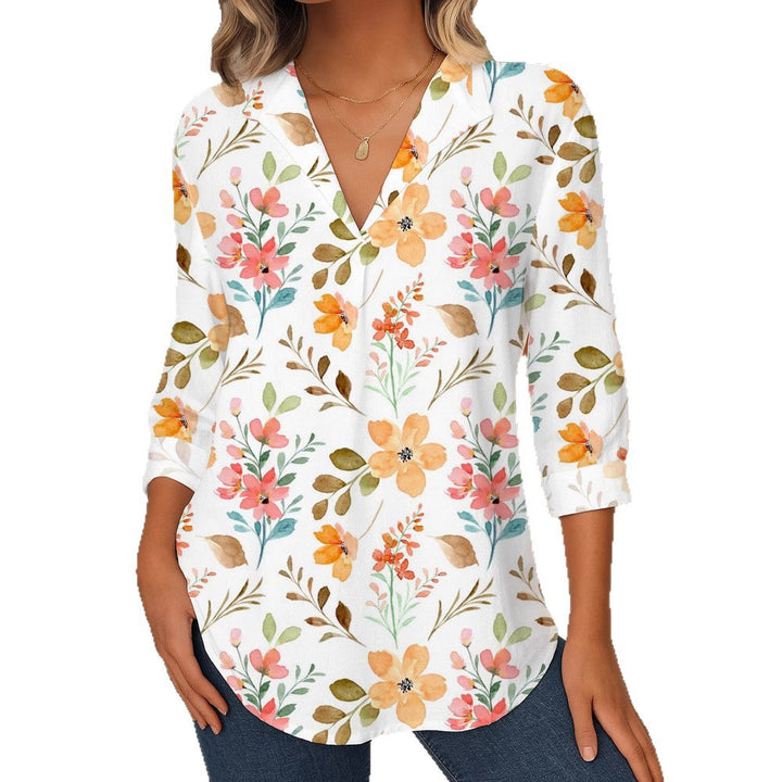 Damen Florale V-Ausschnitt Tunika-Bluse mit dreiviertel-Ärmeln und abgerundetem Saum Drune