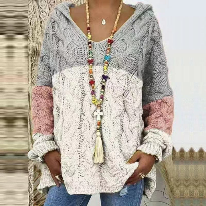 Damen Oversized Zopfmuster-Strickpullover mit Kapuze und lässigem V‑Ausschnitt Drune