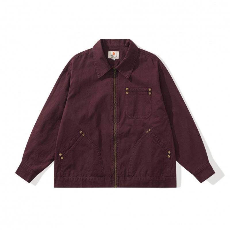 Unisex Kastenförmige Canvas-Worker-Jacke mit Frontreißverschluss und Nietapplikationen Drune