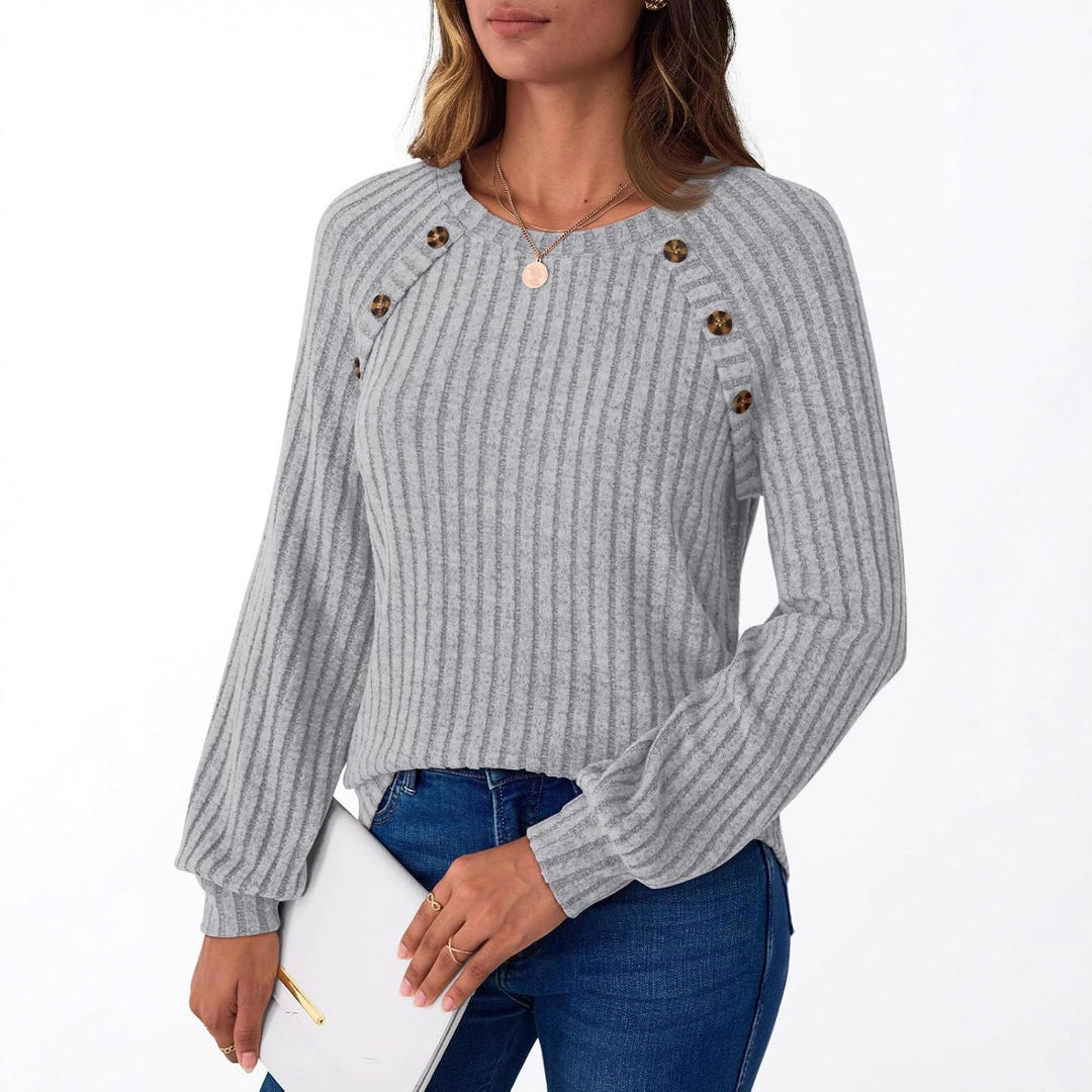 Damen Gerippter Strickpullover mit Zierknopfleiste an Raglanärmeln Drune