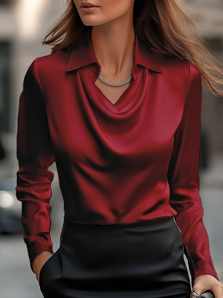 Damen Satinbluse mit Wasserfallkragen und Hemdkragen Drune