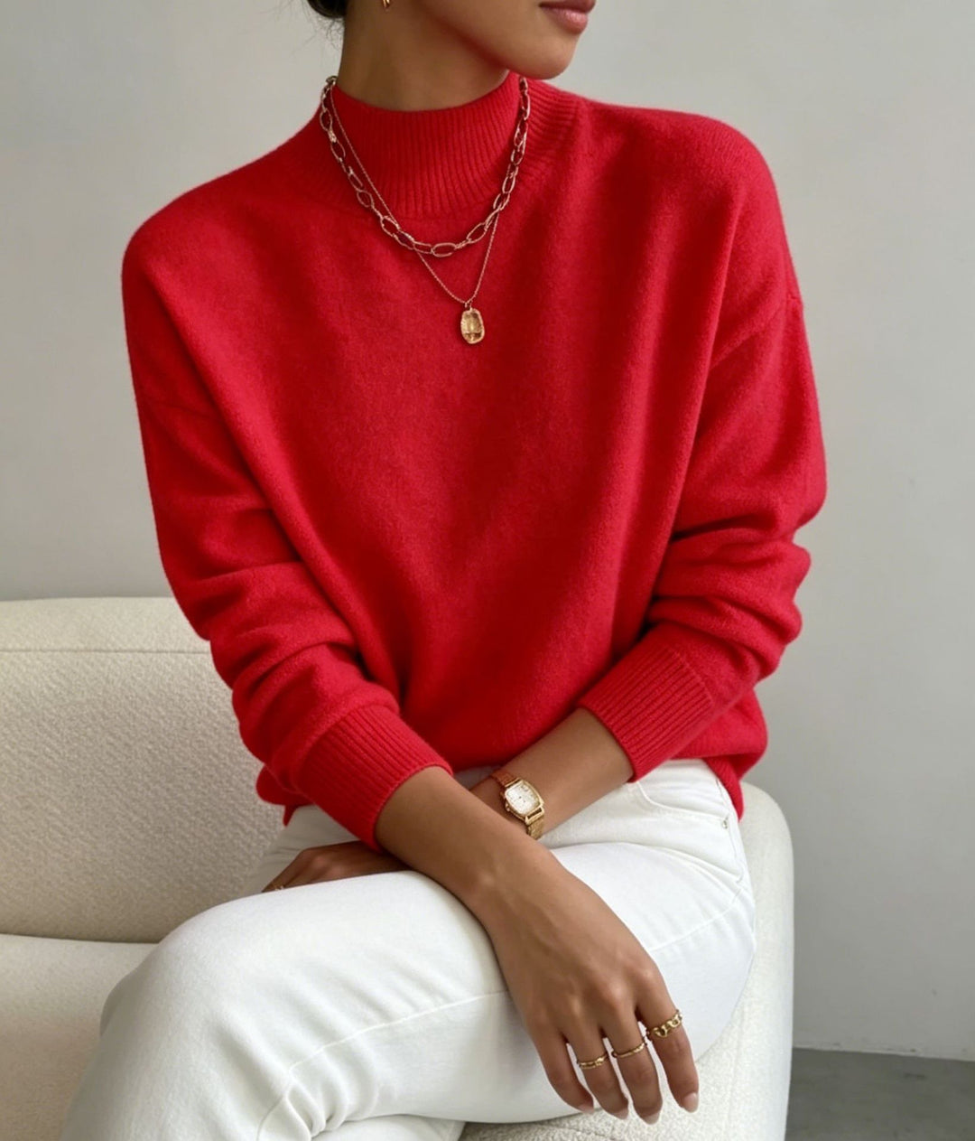 Damen kuscheliger Feinstrickpullover mit Stehkragen und überschnittener Schulter Drune