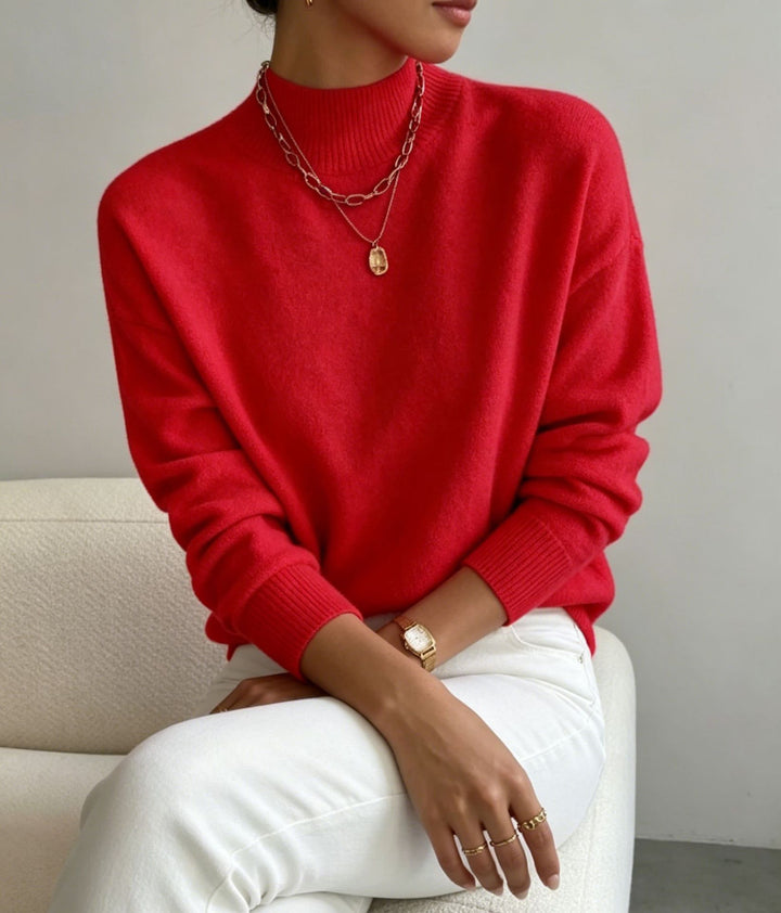 Damen kuscheliger Feinstrickpullover mit Stehkragen und überschnittener Schulter Drune
