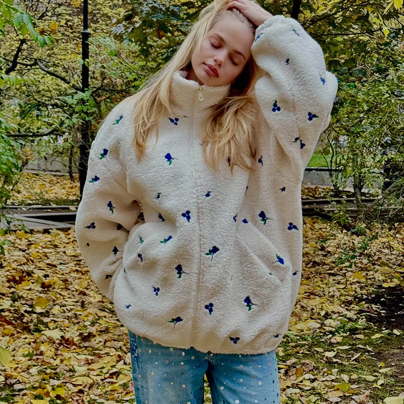Damen kuschelige Fleecejacke mit Blumenstickerei Drune