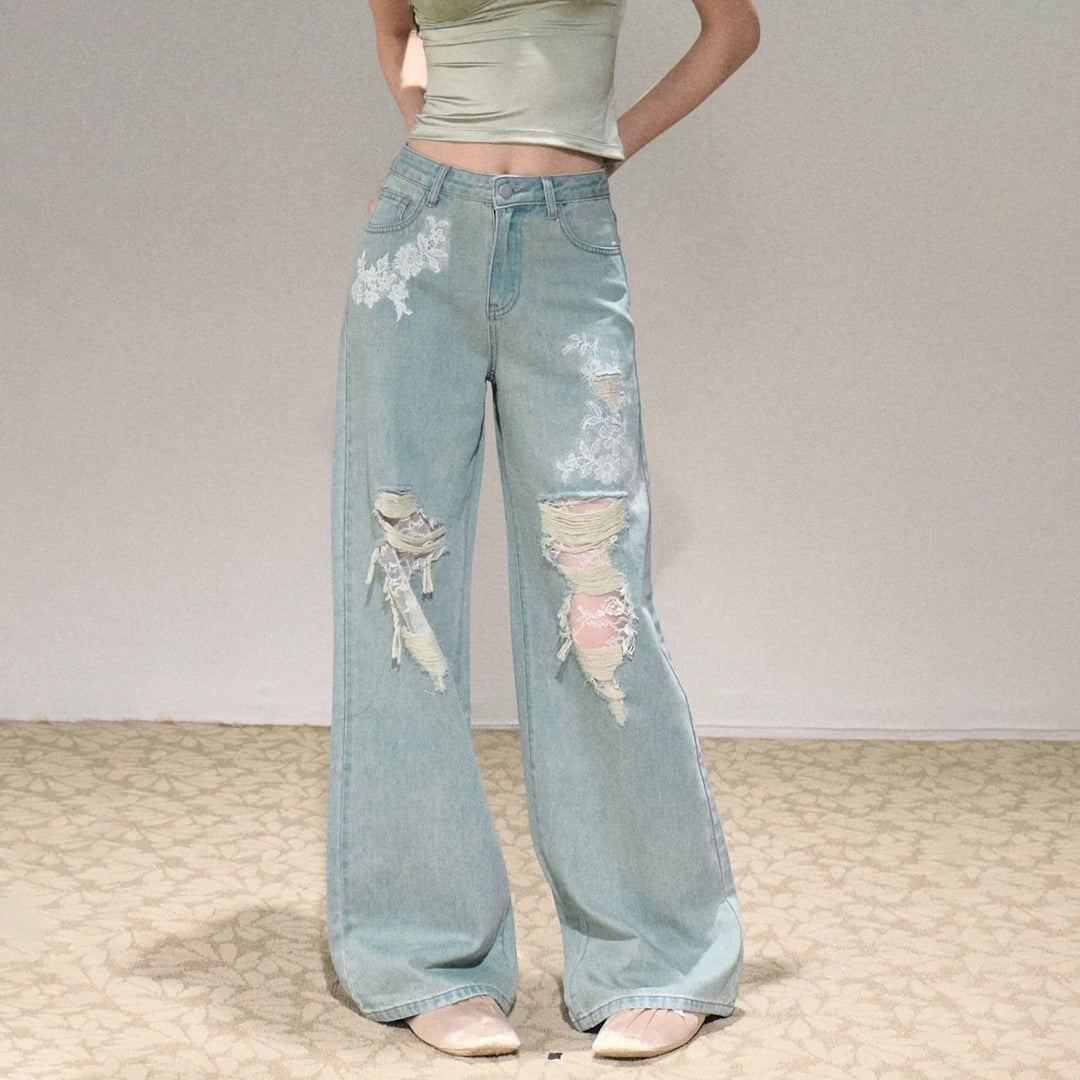 Damen Weit geschnittene Jeans mit individuellen Destroyed-Details und floralem Print Drune