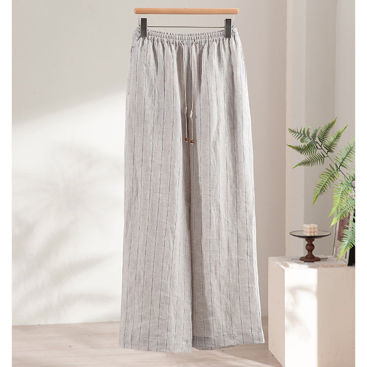 Damen Leichte Hochbund-Loungehose aus Leinenmix mit Tunnelzug und Nadelstreifen-Optik Drune