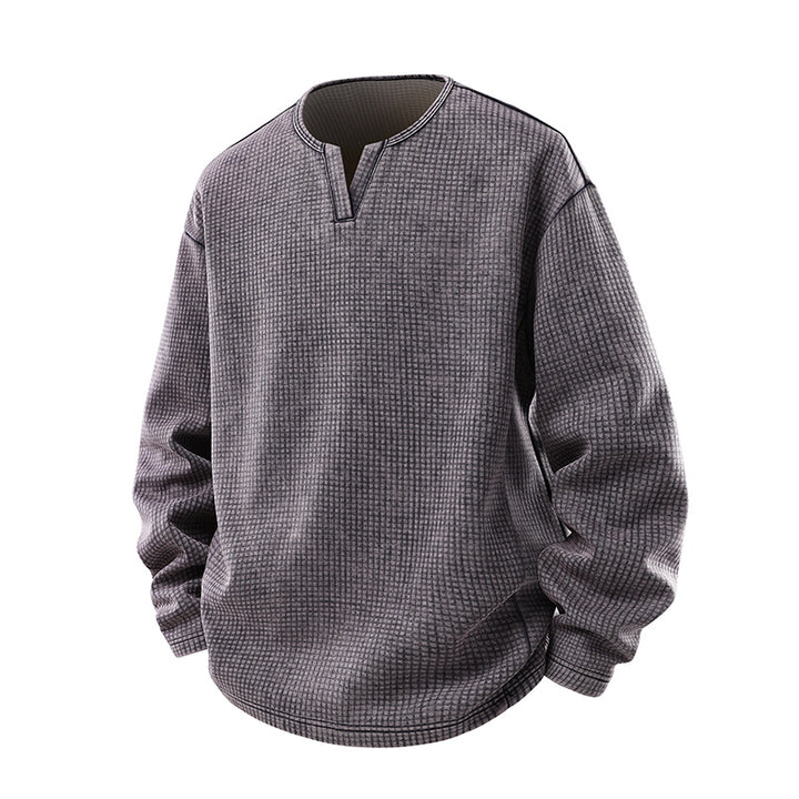 Herren Waffelstrick-Longsleeve mit V‑Schlitzkragen und Relaxed-Fit Drune