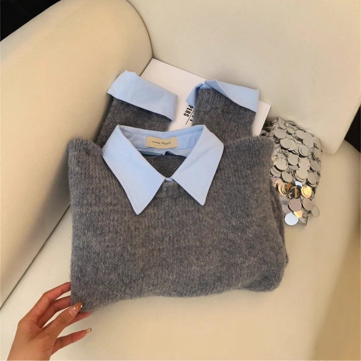 Damen stilvoller Pullover mit integrierter Hemdkragen-Kombination Drune