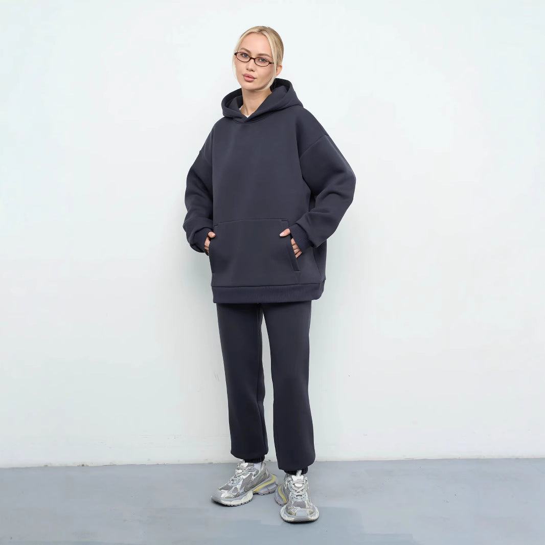 Damen lässiges Kapuzen-Sweatset aus schwerer Baumwollfleece mit Kängurutasche und gerader Jogginghose Drune