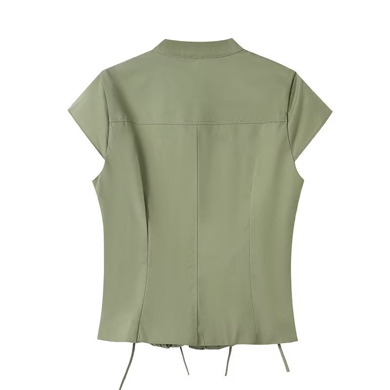 Damen Kurzarmbluse mit eleganter Raffung und praktischen Taschen Drune